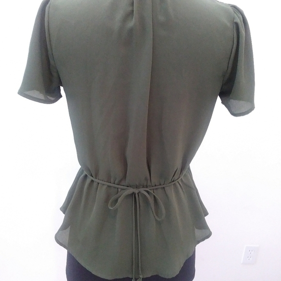 Lily White Wrap Style Sheer Polyester Career Blouse, Olive Green, Size XS - Picture 4 of 9